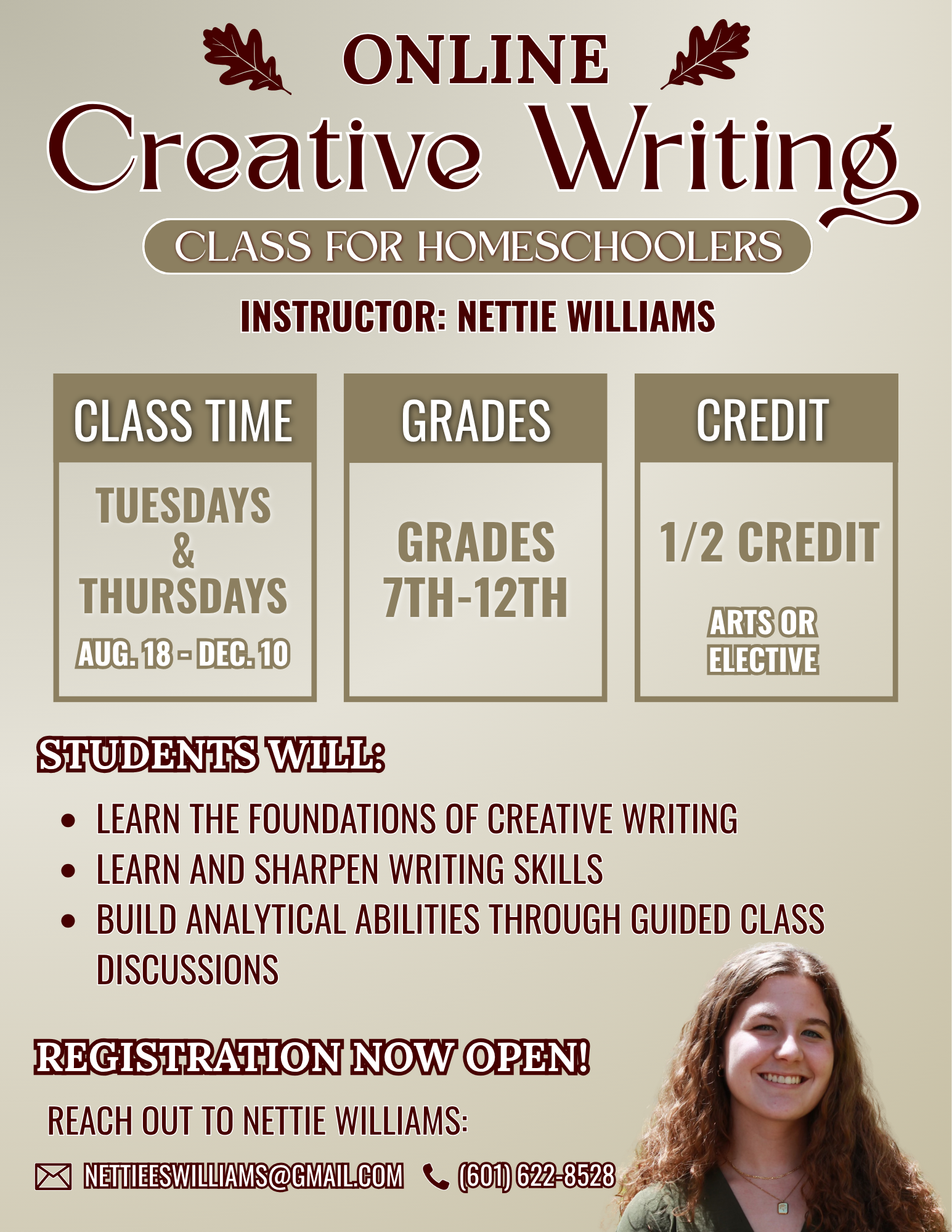 Online Creative Writing Class for Homeschoolers flyer